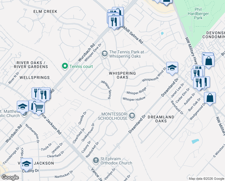 map of restaurants, bars, coffee shops, grocery stores, and more near 3003 Whisper Lark in San Antonio