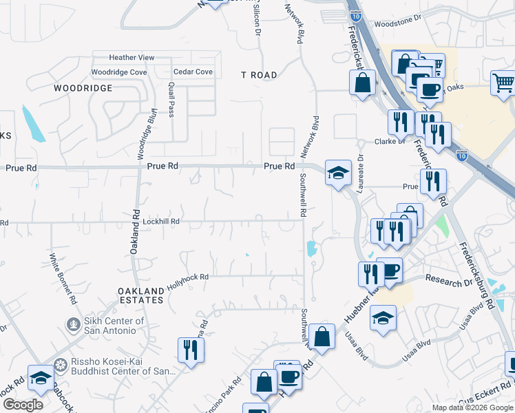 map of restaurants, bars, coffee shops, grocery stores, and more near 5427 Lockhill Road in San Antonio