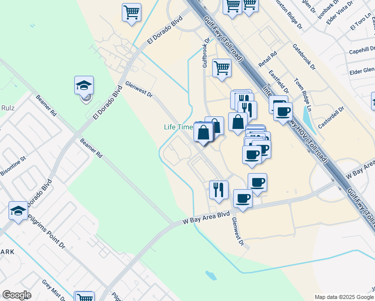 map of restaurants, bars, coffee shops, grocery stores, and more near 19100 Glenwest Drive in Friendswood