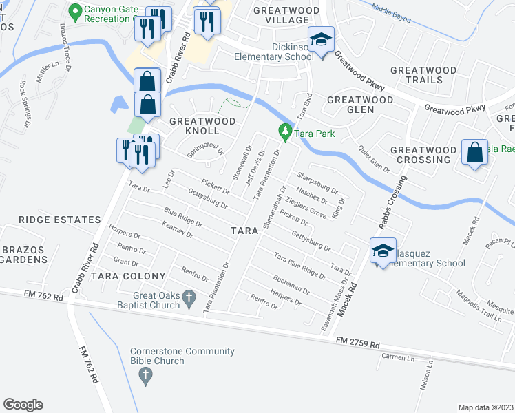 map of restaurants, bars, coffee shops, grocery stores, and more near 430 Tara Plantation Drive in Richmond