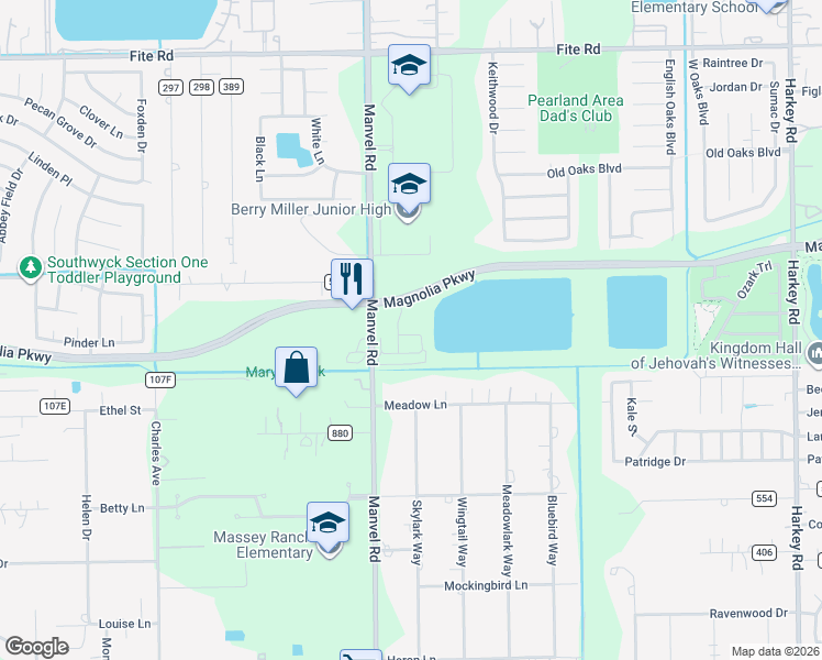 map of restaurants, bars, coffee shops, grocery stores, and more near 7125 Elgin Street in Pearland