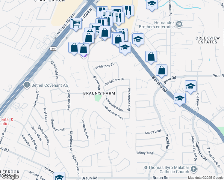 map of restaurants, bars, coffee shops, grocery stores, and more near 10019 Stonefield Place in San Antonio