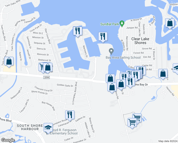 map of restaurants, bars, coffee shops, grocery stores, and more near 100 Admiralty Way in Kemah