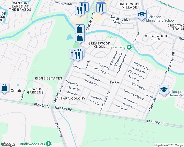 map of restaurants, bars, coffee shops, grocery stores, and more near 6742 Tara Drive in Richmond