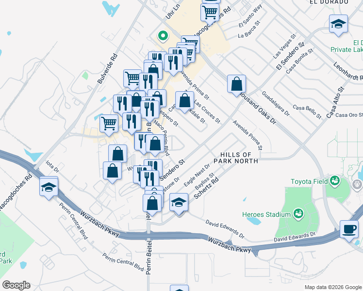 map of restaurants, bars, coffee shops, grocery stores, and more near 11246 Center Point Road in San Antonio