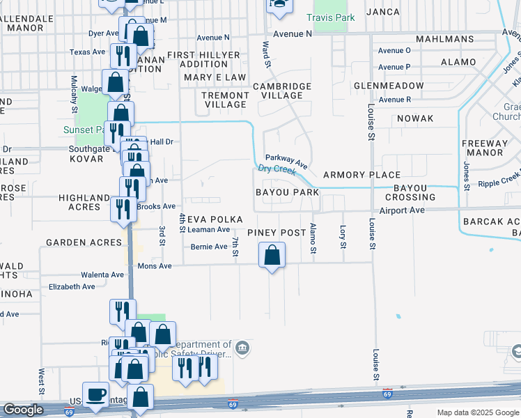 map of restaurants, bars, coffee shops, grocery stores, and more near 2500 Pecan Drive in Rosenberg