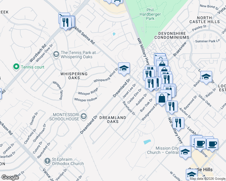 map of restaurants, bars, coffee shops, grocery stores, and more near 11127 Dreamland Drive in San Antonio