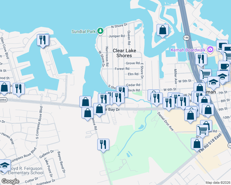 map of restaurants, bars, coffee shops, grocery stores, and more near 25 Tindel Street in Kemah