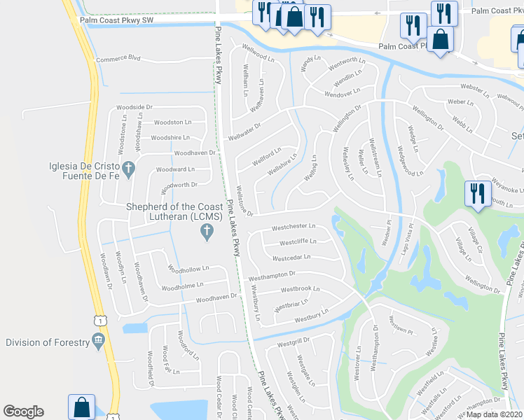 map of restaurants, bars, coffee shops, grocery stores, and more near 111 Wellstone Drive in Palm Coast