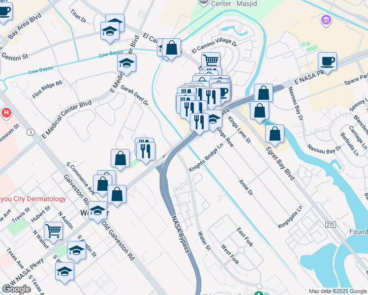 map of restaurants, bars, coffee shops, grocery stores, and more near 552 East Nasa Parkway in Webster