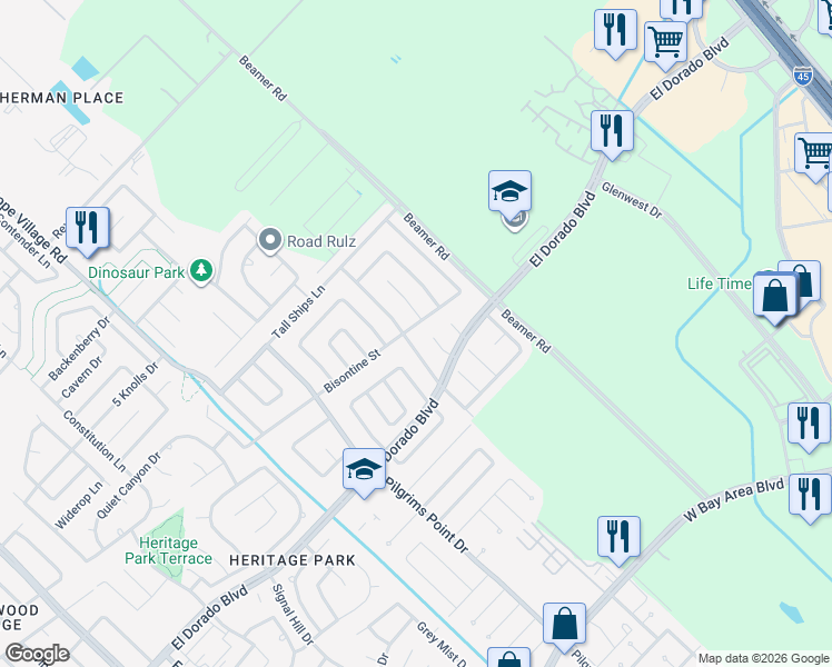 map of restaurants, bars, coffee shops, grocery stores, and more near 2303 Bisontine Street in Friendswood