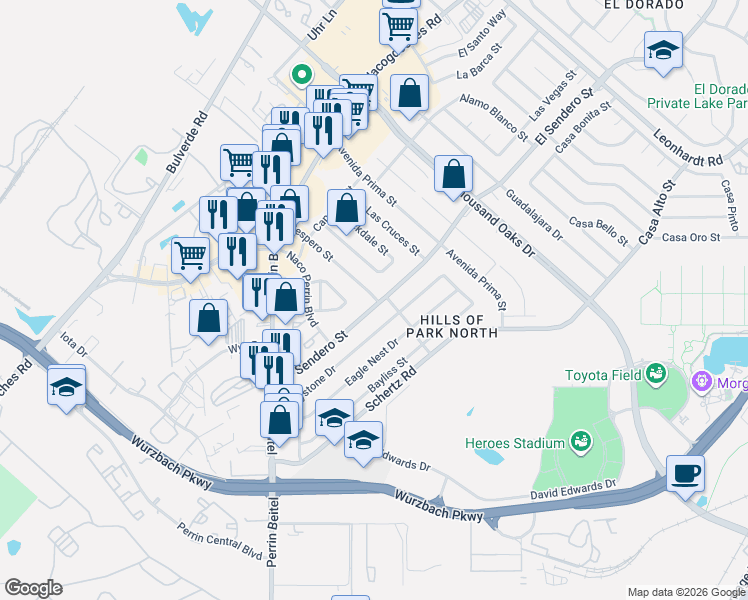 map of restaurants, bars, coffee shops, grocery stores, and more near 11250 El Sendero Street in San Antonio