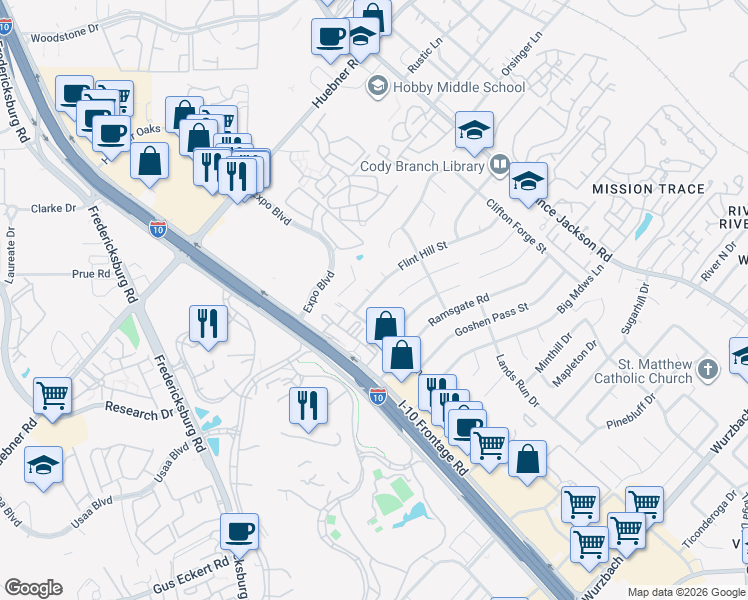 map of restaurants, bars, coffee shops, grocery stores, and more near 4314 Flint Hill Street in San Antonio