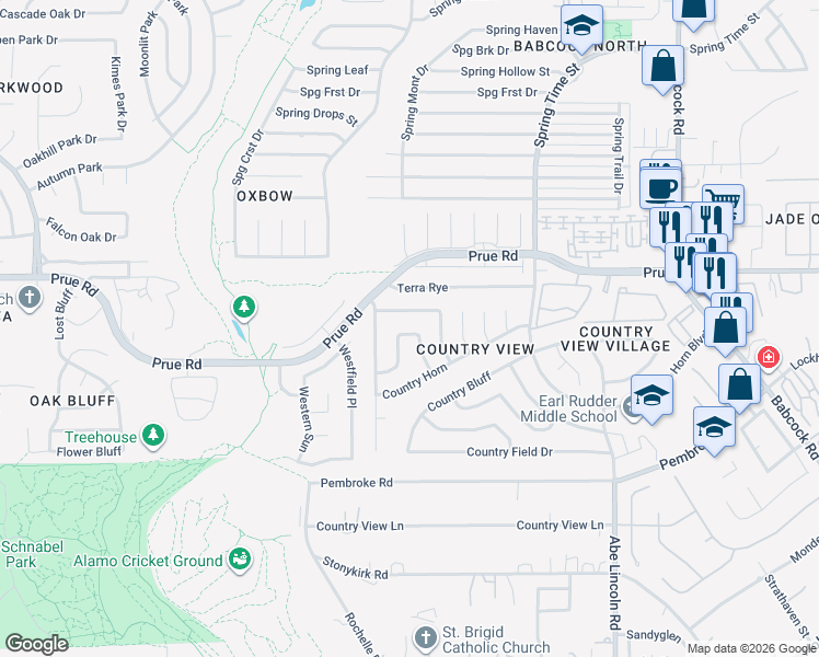 map of restaurants, bars, coffee shops, grocery stores, and more near 6931 Country Rose in San Antonio