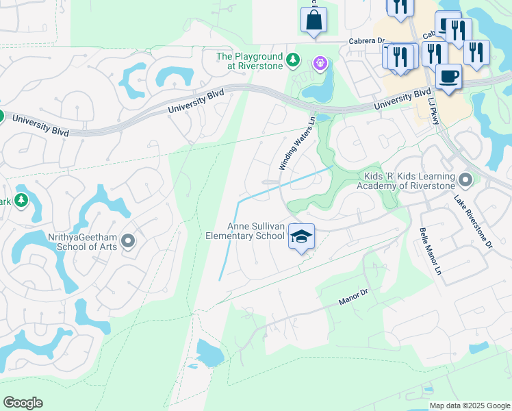 map of restaurants, bars, coffee shops, grocery stores, and more near 5214 Heather Meadow Lane in Sugar Land