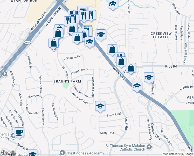 map of restaurants, bars, coffee shops, grocery stores, and more near 8951 Rachels Branch in San Antonio