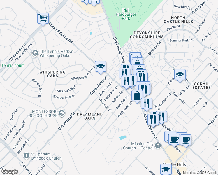 map of restaurants, bars, coffee shops, grocery stores, and more near 11207 Cedar Elm Drive in San Antonio