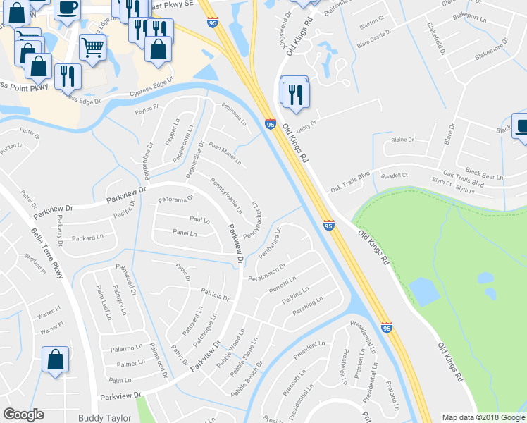 map of restaurants, bars, coffee shops, grocery stores, and more near 1 Pennsy Place in Palm Coast