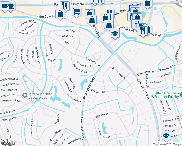 map of restaurants, bars, coffee shops, grocery stores, and more near 19 Weymouth Lane in Palm Coast