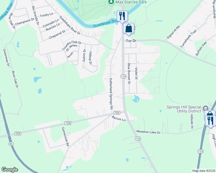 map of restaurants, bars, coffee shops, grocery stores, and more near 5050 Sutherland Springs Road in Seguin