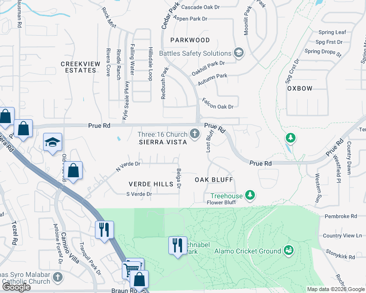 map of restaurants, bars, coffee shops, grocery stores, and more near 7810 Sierra Seco in San Antonio