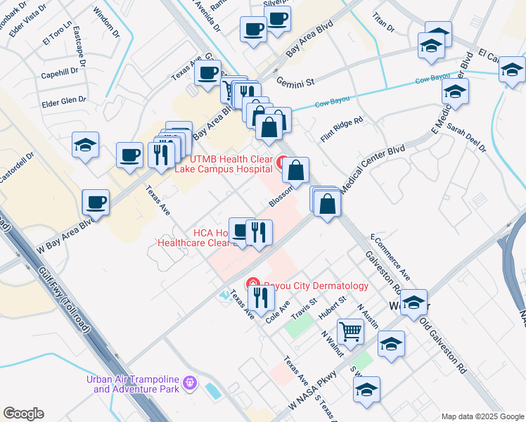 map of restaurants, bars, coffee shops, grocery stores, and more near 393 Blossom Street in Webster