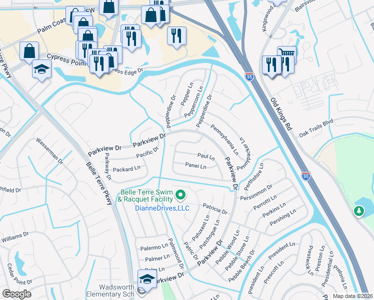 map of restaurants, bars, coffee shops, grocery stores, and more near 13 Paul Lane in Palm Coast