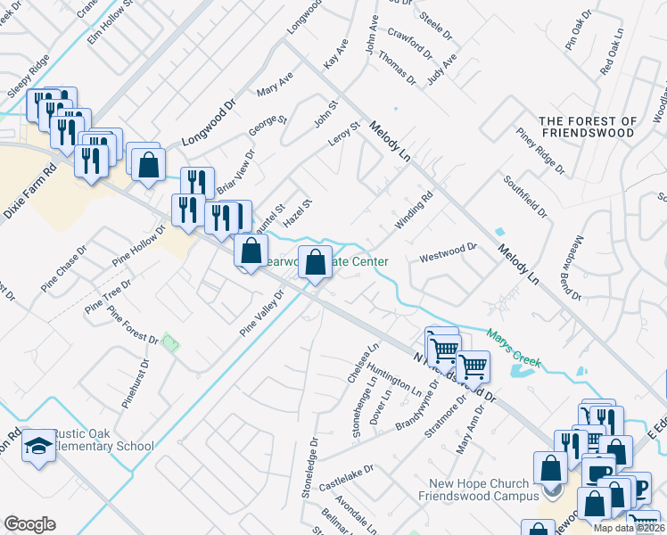 map of restaurants, bars, coffee shops, grocery stores, and more near 112 Winding Road in Friendswood