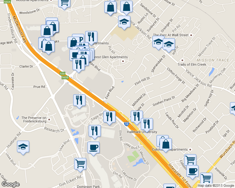 map of restaurants, bars, coffee shops, grocery stores, and more near 6 Stockbridge Lane in San Antonio