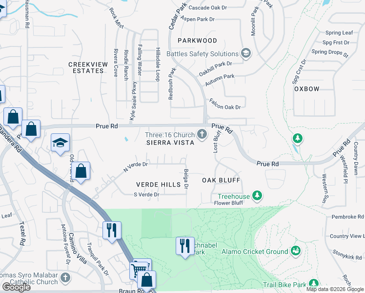 map of restaurants, bars, coffee shops, grocery stores, and more near 7810 Sierra Seco in San Antonio