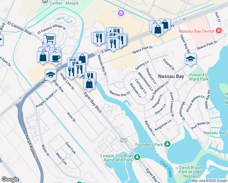 map of restaurants, bars, coffee shops, grocery stores, and more near 18223 Nassau Bay Drive in Houston