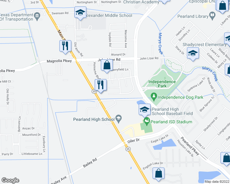 map of restaurants, bars, coffee shops, grocery stores, and more near 3207 Wild Turkey Lane in Pearland