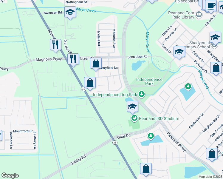 map of restaurants, bars, coffee shops, grocery stores, and more near 3111 Wild Turkey Lane in Pearland