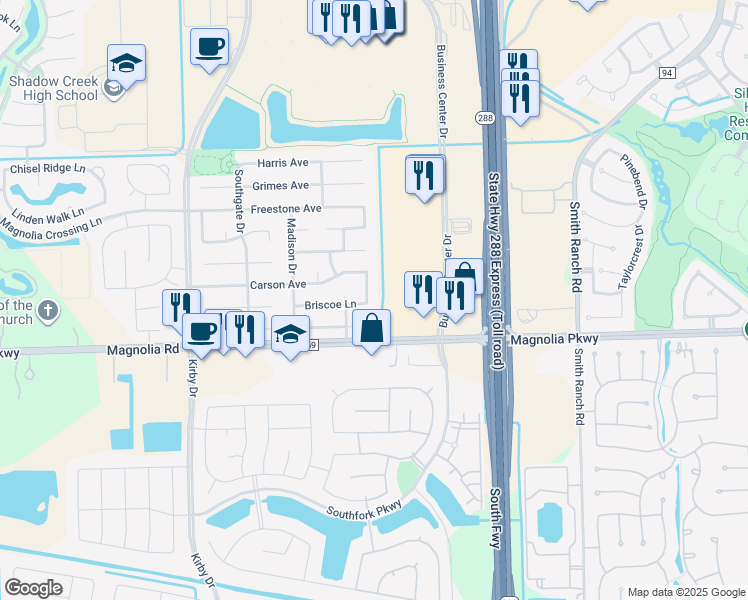map of restaurants, bars, coffee shops, grocery stores, and more near 3511 Kaufman Avenue in Pearland