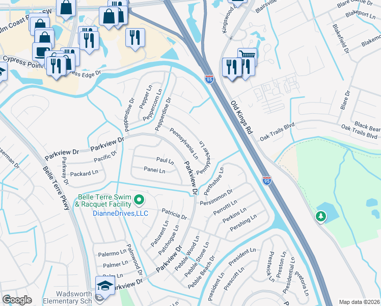 map of restaurants, bars, coffee shops, grocery stores, and more near 55 Pennsylvania Lane in Palm Coast