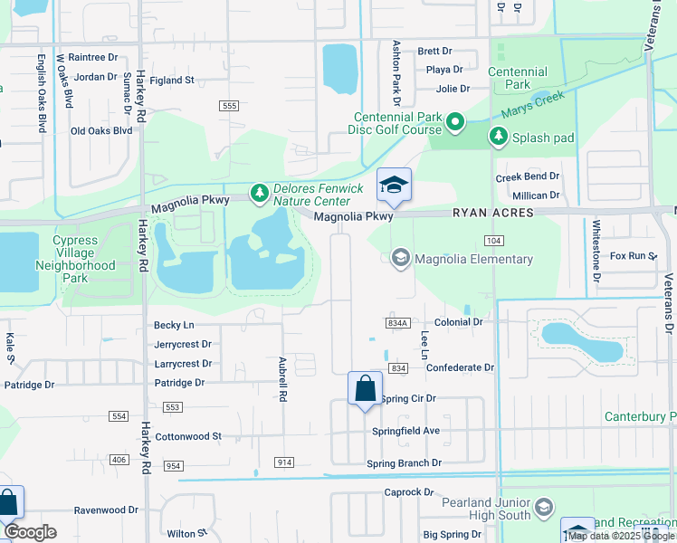 map of restaurants, bars, coffee shops, grocery stores, and more near 3502 Parkside Drive in Pearland