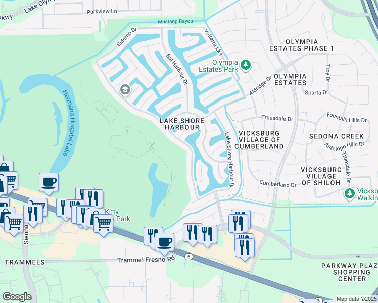 map of restaurants, bars, coffee shops, grocery stores, and more near 2918 Palm Harbour Drive in Missouri City