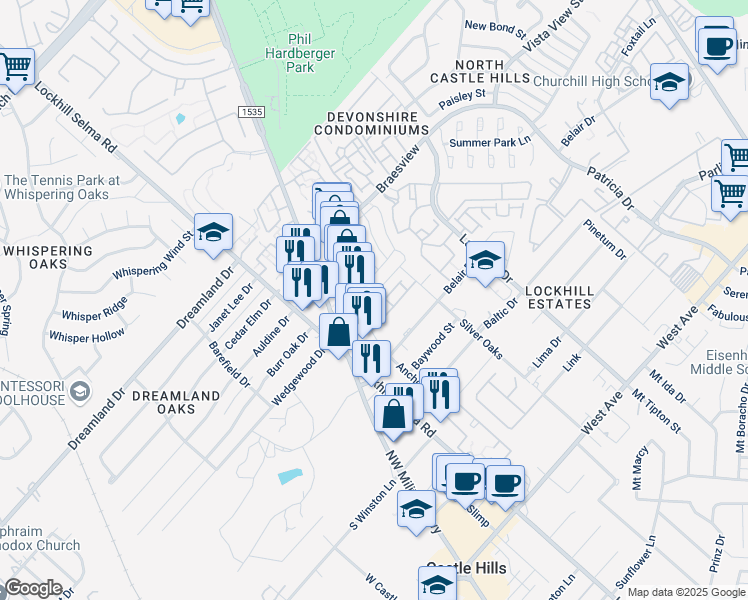 map of restaurants, bars, coffee shops, grocery stores, and more near 2102 Bent Anchor in San Antonio