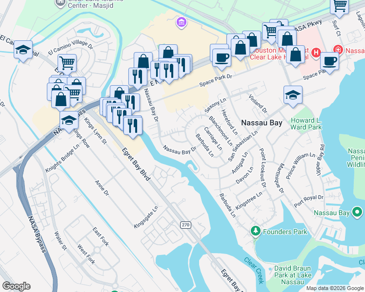 map of restaurants, bars, coffee shops, grocery stores, and more near 18231 Nassau Bay Drive in Houston