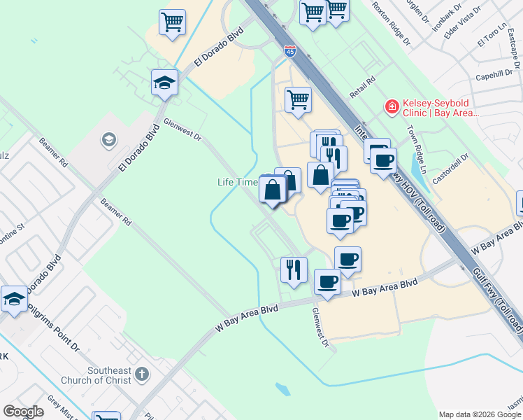 map of restaurants, bars, coffee shops, grocery stores, and more near 380 Baybrook Mall in Friendswood