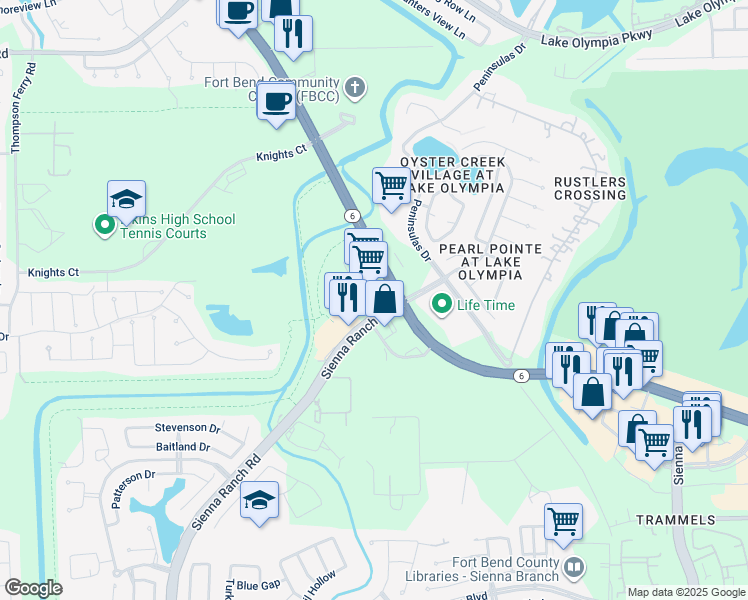 map of restaurants, bars, coffee shops, grocery stores, and more near 6100 Sienna Ranch Road in Missouri City