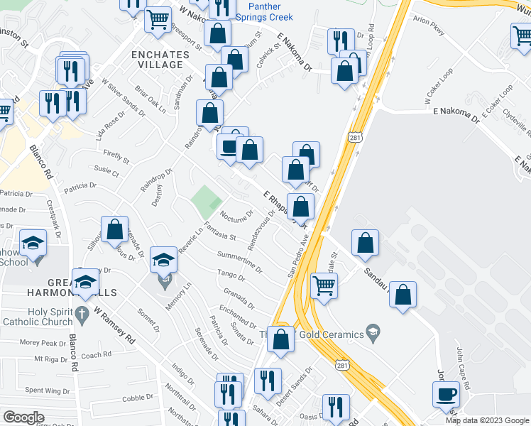 map of restaurants, bars, coffee shops, grocery stores, and more near 26 East Silver Sands Drive in San Antonio