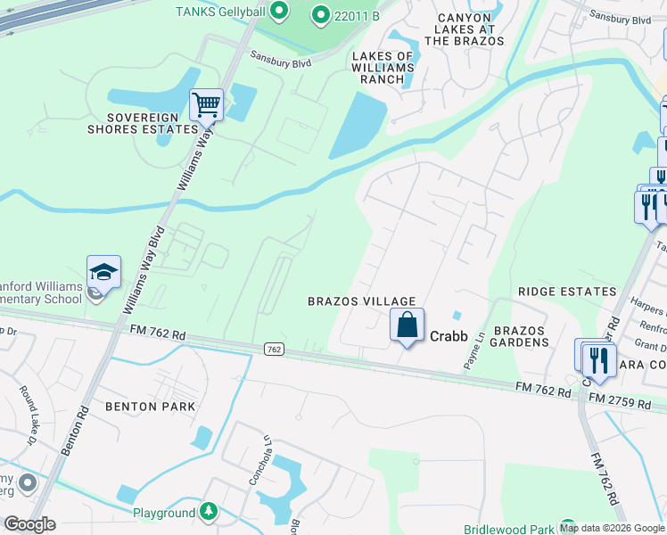 map of restaurants, bars, coffee shops, grocery stores, and more near 5627 FM 762 Road in Richmond
