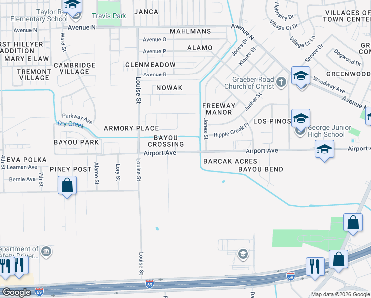 map of restaurants, bars, coffee shops, grocery stores, and more near 3506 Cypress Landing Court in Rosenberg