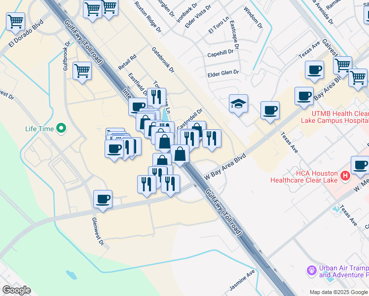 map of restaurants, bars, coffee shops, grocery stores, and more near 19305 Gulf Freeway in Webster