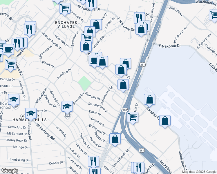 map of restaurants, bars, coffee shops, grocery stores, and more near 26 East Silver Sands Drive in San Antonio