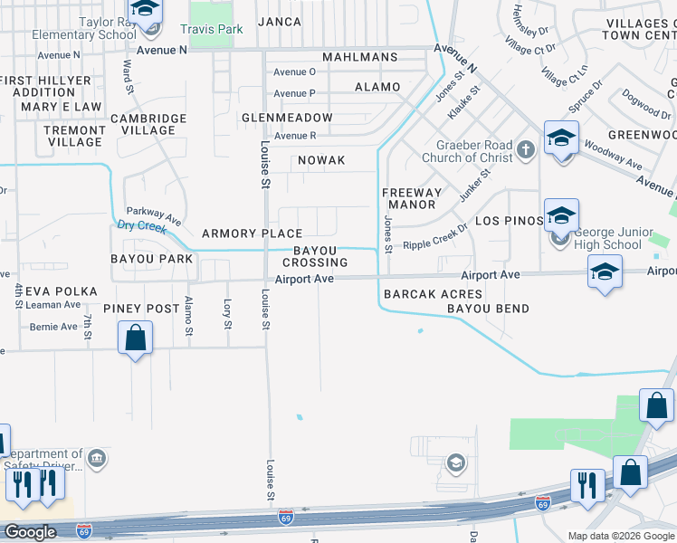 map of restaurants, bars, coffee shops, grocery stores, and more near 3506 Cypress Landing Court in Rosenberg