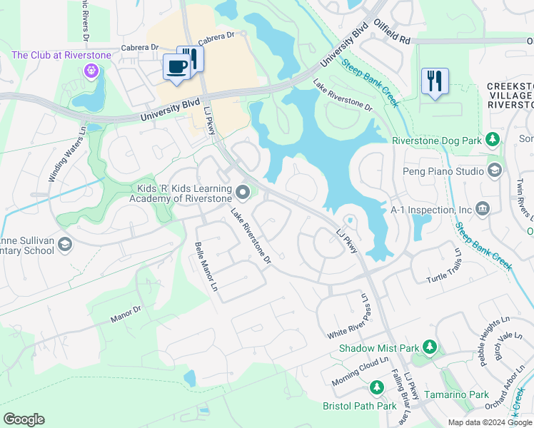 map of restaurants, bars, coffee shops, grocery stores, and more near 4510 Beacon View Court in Sugar Land