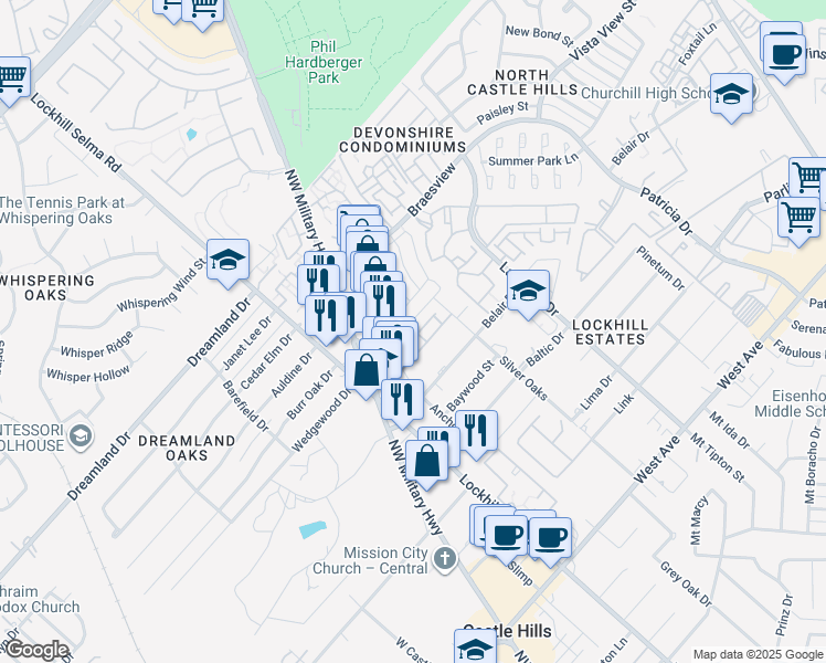 map of restaurants, bars, coffee shops, grocery stores, and more near 2102 Bent Anchor in San Antonio