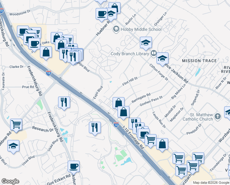 map of restaurants, bars, coffee shops, grocery stores, and more near 4314 Flint Hill Street in San Antonio